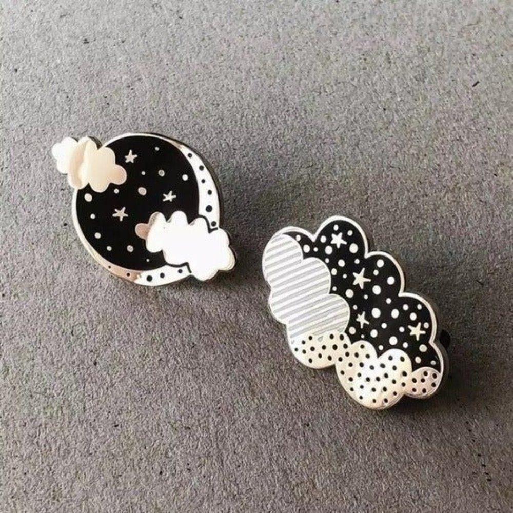 Set of 2 Night Sky Clouds pins flair enamel celestial stars moon cloud